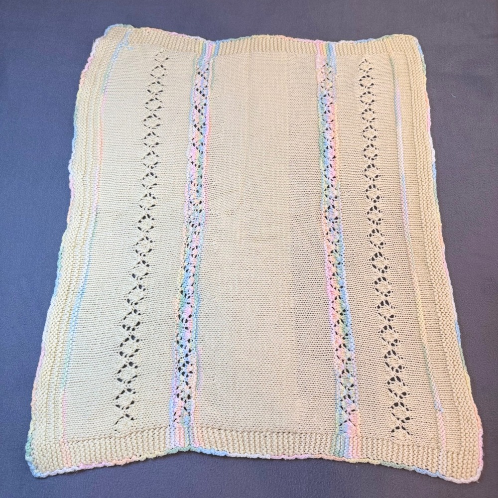 Vintage Handmade Pastel Yellow Knit Baby Blanket Rainbow Lace Trim 28x31